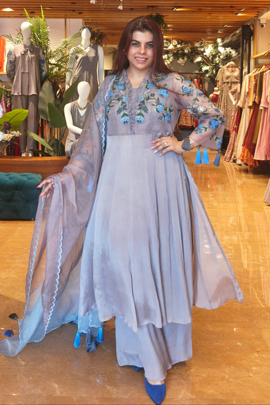 Kashmiri Embroidery Chiffon Anarkali - GREY