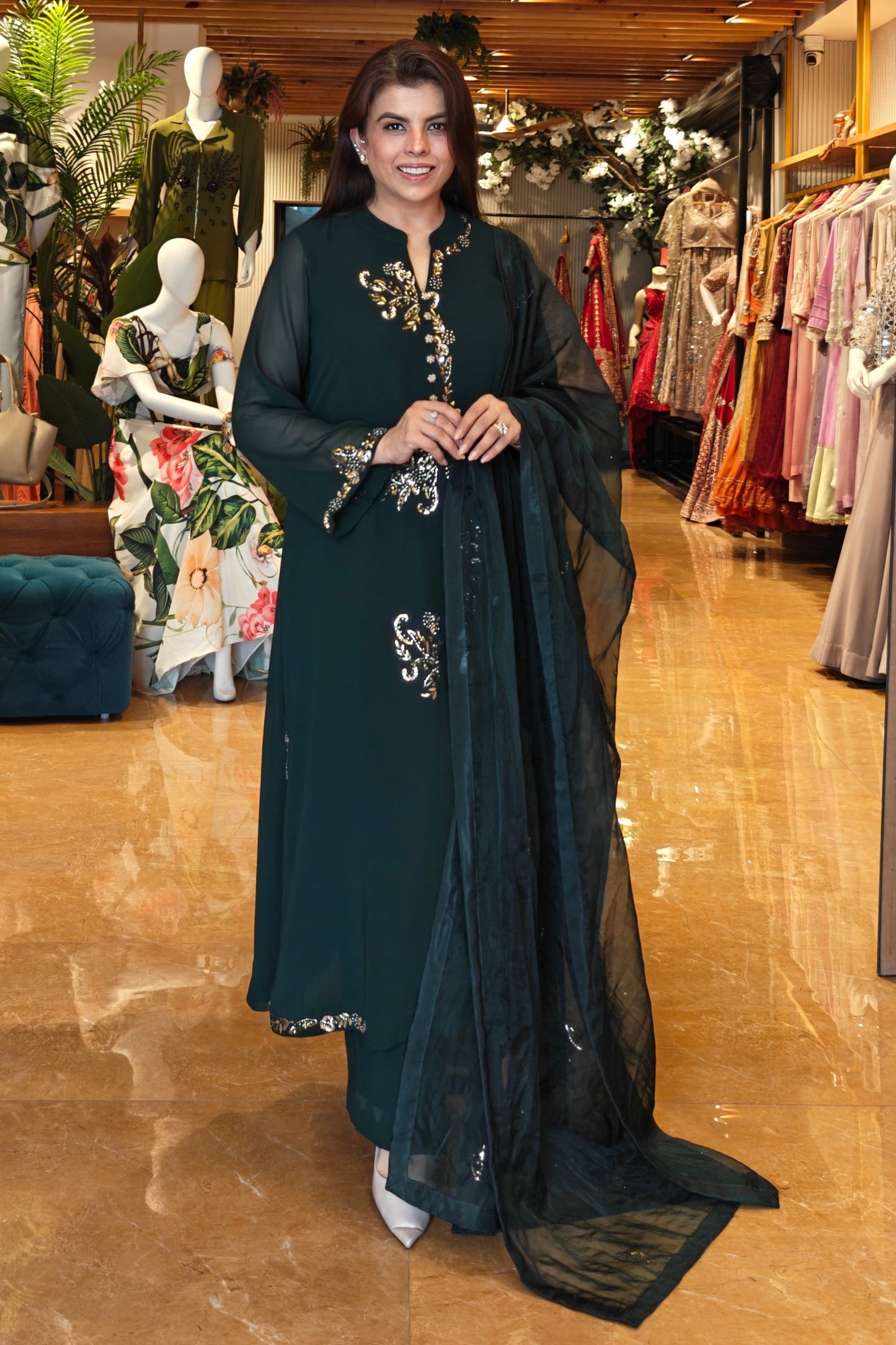 Georgette Kalidar Suit With Mukaish Embroidery - BOTTLE GREEN