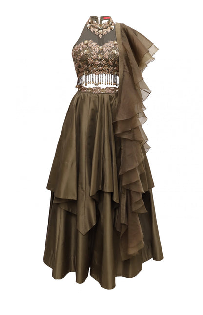 Olive Halter Neck Crop Top Lehnga