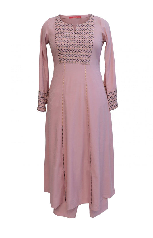 Blush A-Line Kurta Set With Sashiko Embroidery
