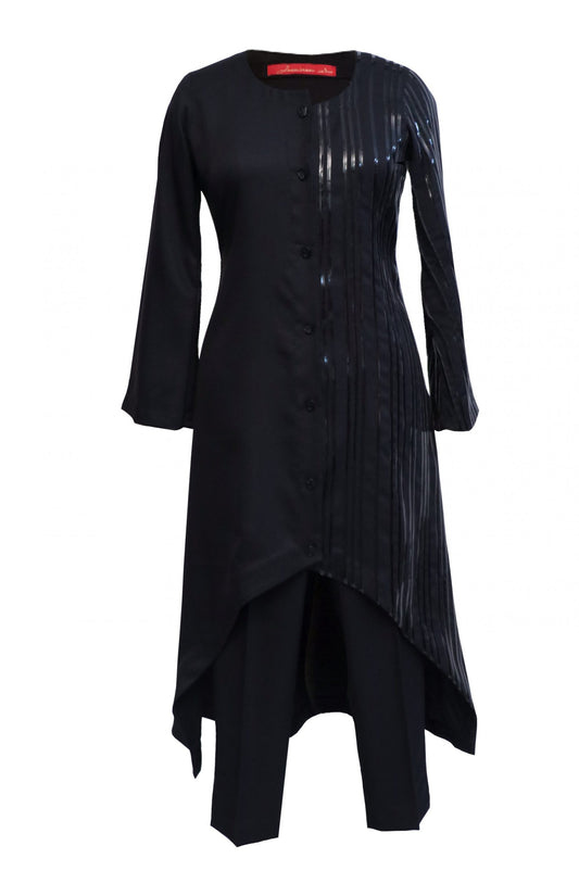 Black Asymmetrical Dress With Leather Cords