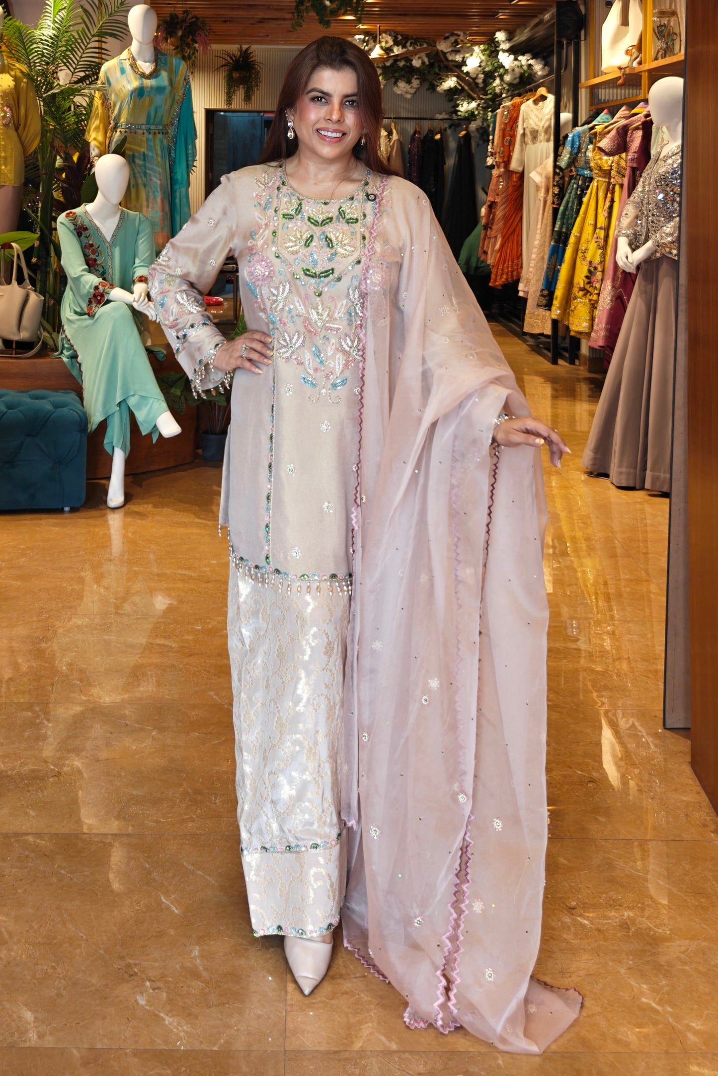 Tissue & Brocade Farshi Suit - NUDE BEIGE