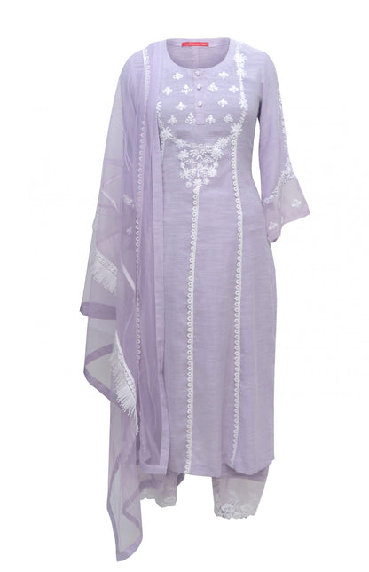 Lavender Linen Suit With Dori Embroidery