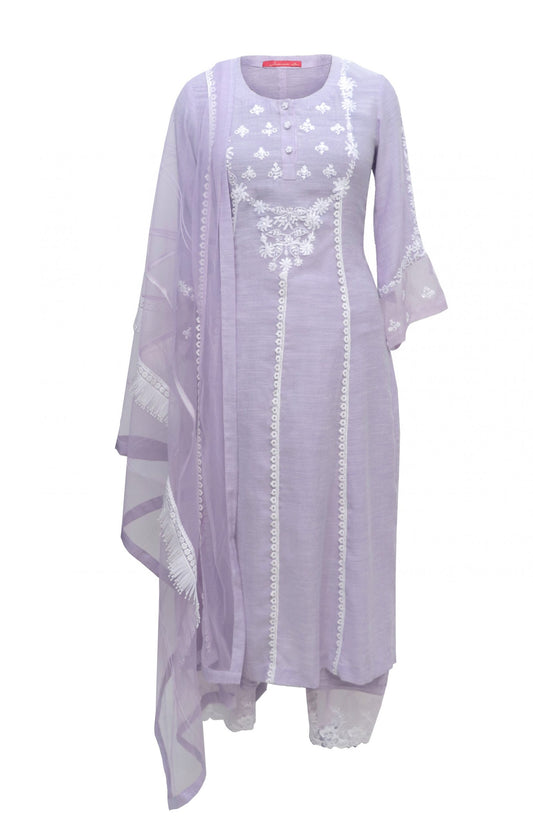 Lavender Linen Suit With Dori Embroidery