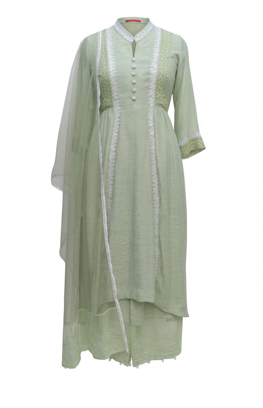 Mint Green Linen Kurta Set With Lace Detail