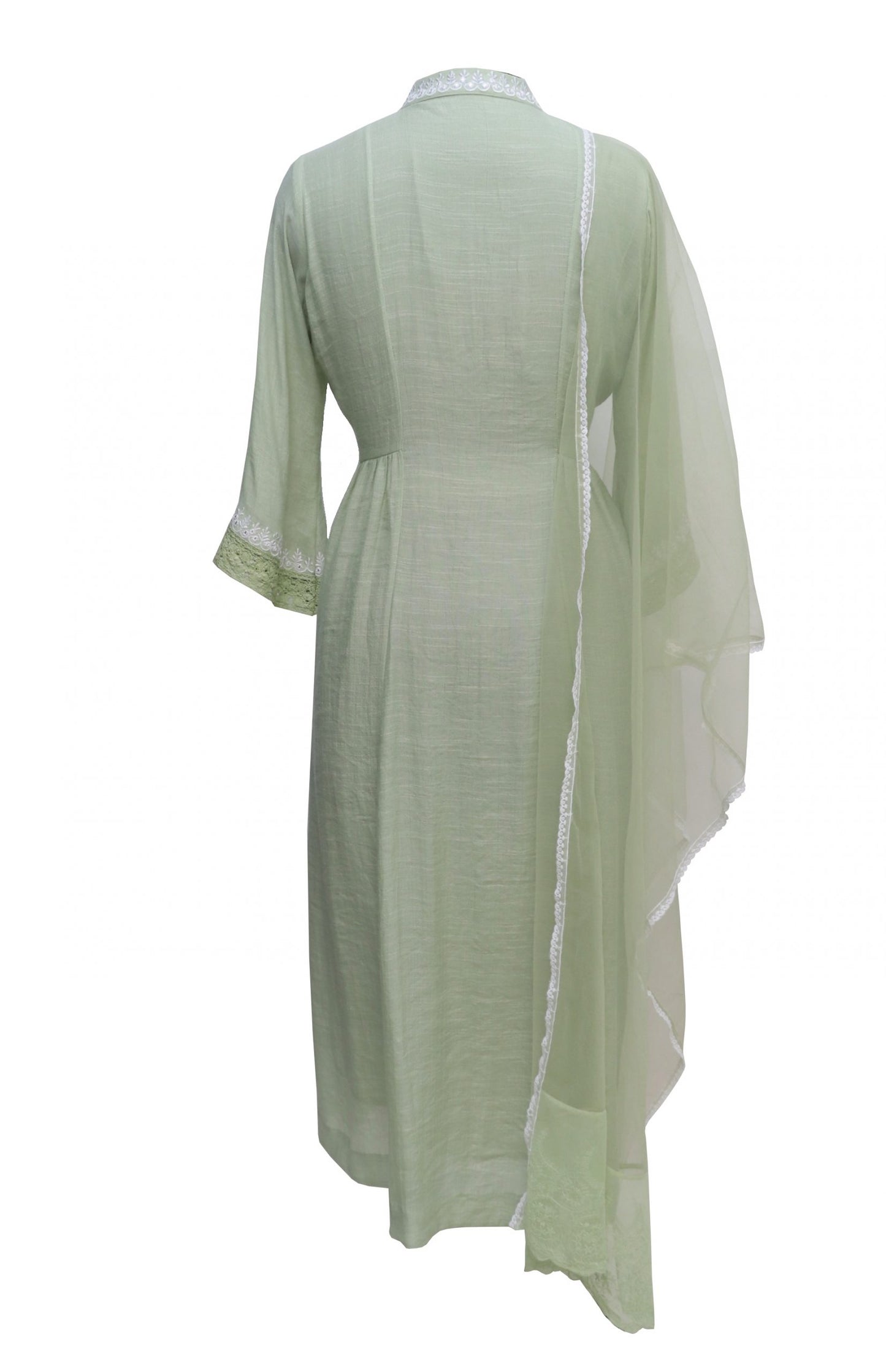 Mint Green Linen Kurta Set With Lace Detail