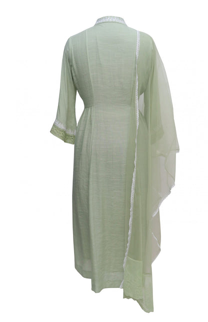 Mint Green Linen Kurta Set With Lace Detail