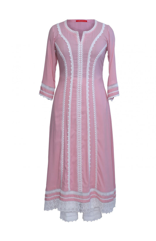 Bubblegum Pink Linen Kurta Set With Laces