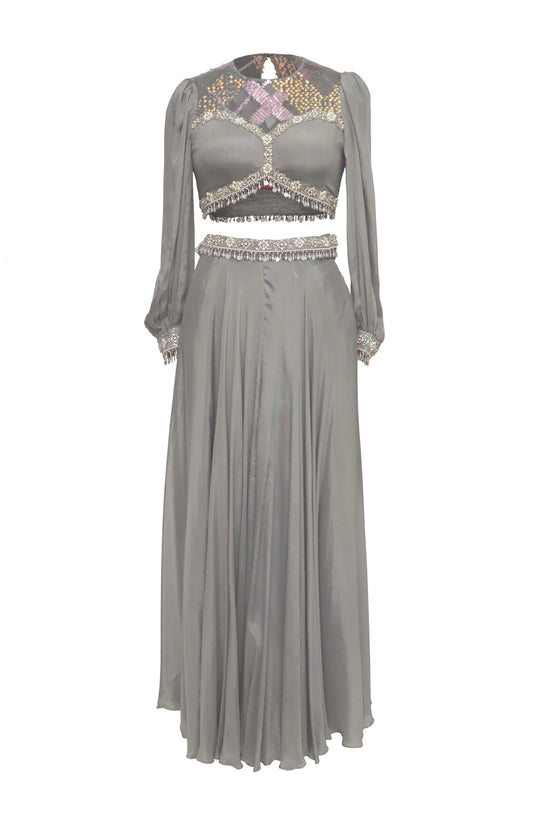 Grey Crop Top & Sharara With Pearl Embroidery