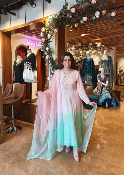 Ombré Chiffon Suit With Sequins Embroidery - BLUSH/MINT