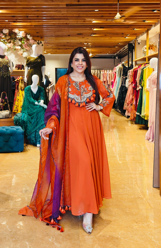 Tasseled Georgette Anarkali - RUST