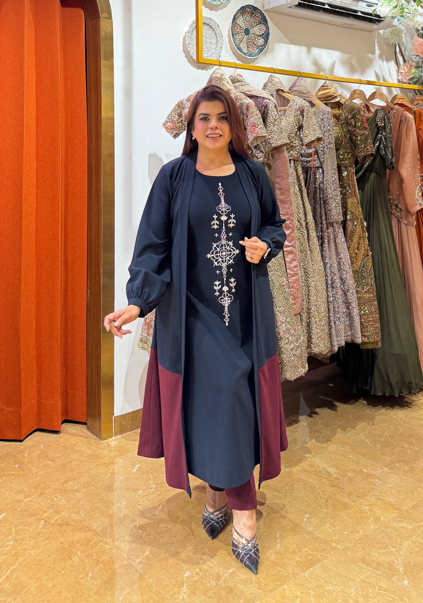 Turkish Motif Long Cape Kurta Set - NAVY