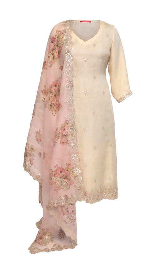 Butter Yellow Organza Suit With Printed Dupatta