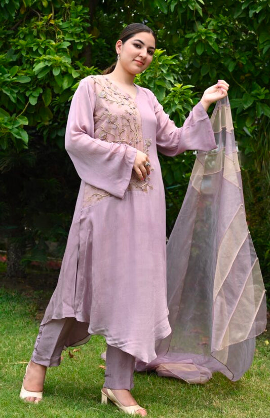 Colour Block Chiffon Suit With Dabka Embroidery