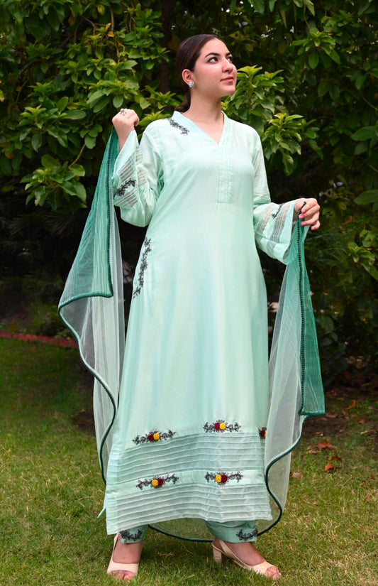 Mul Silk Suit With Bullion Embroidery
