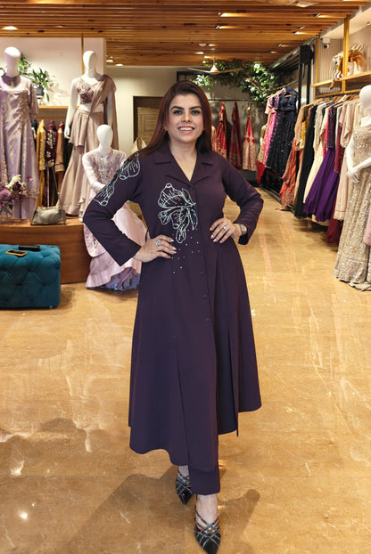 Glasswing Double Breast Kurta Set - PURPLE