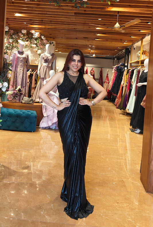 Metallic Draped Saree - BLACK