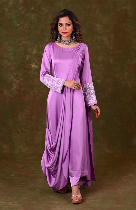 Satin Draped Kurta With Tulip Pants
