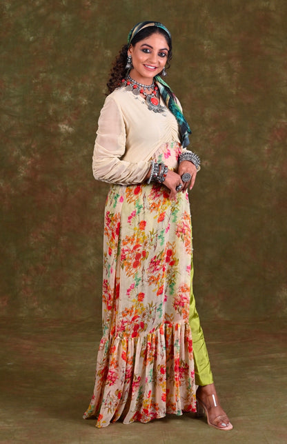 Printed Georgette Maxi Dress With Pants