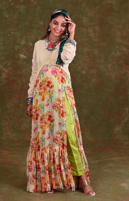 Printed Georgette Maxi Dress With Pants