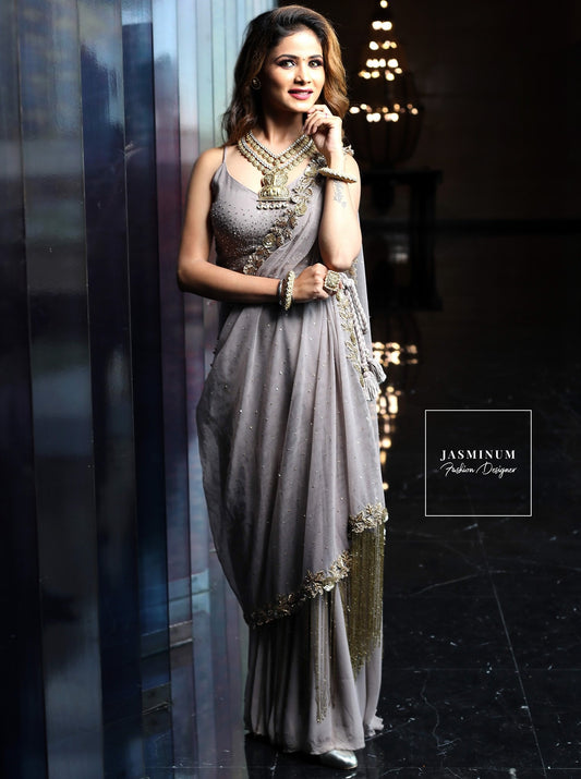 Crop Top with Gharara and Hand-embroidered Drape