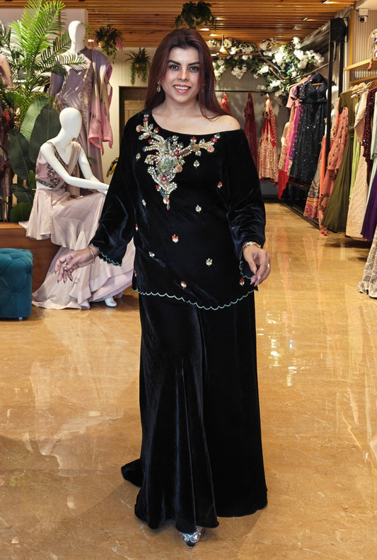 Off Shoulder Velvet Top With Sharara - BLACK