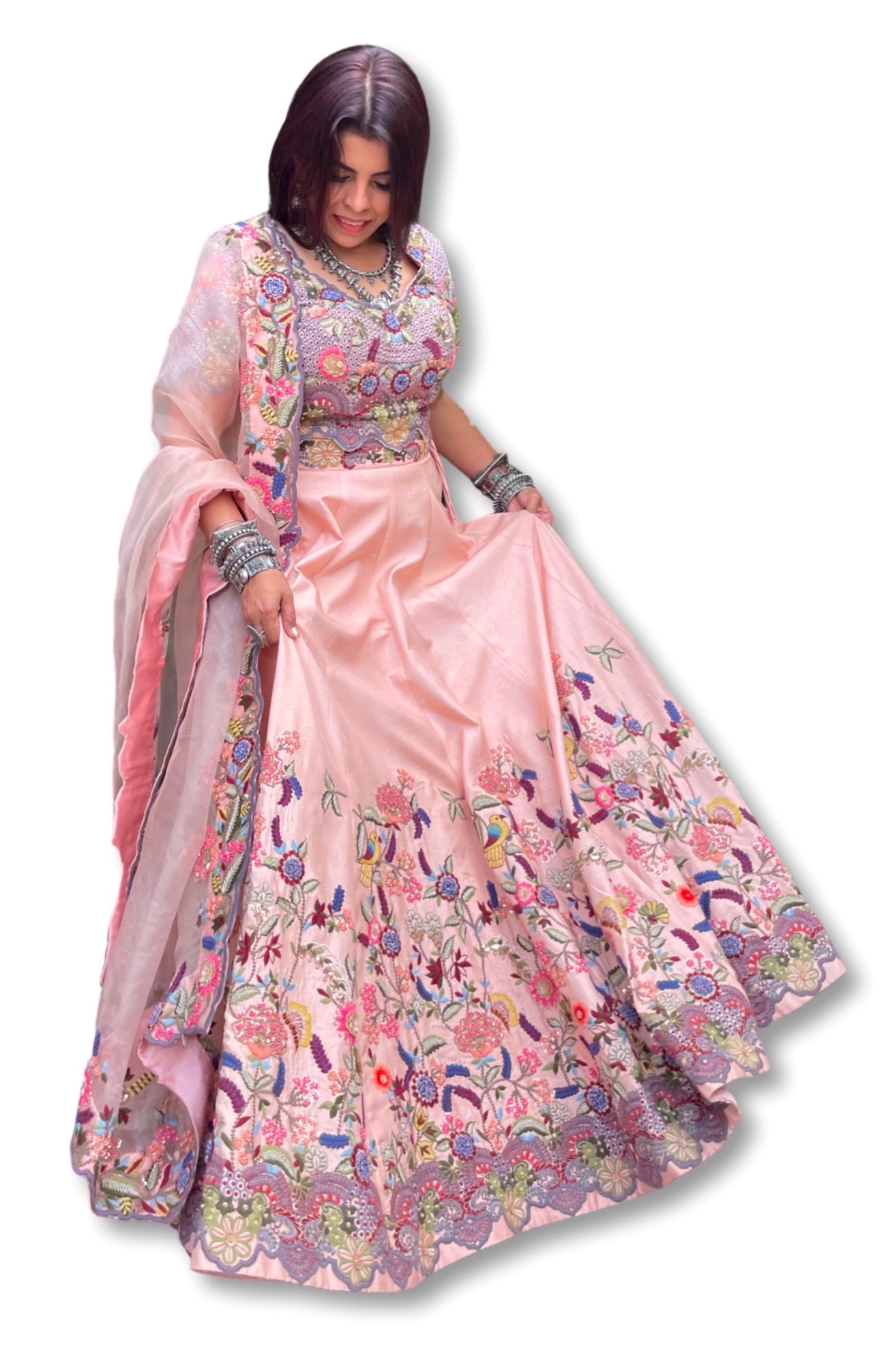 Peach Multicoloured Embroidery Lehnga Choli
