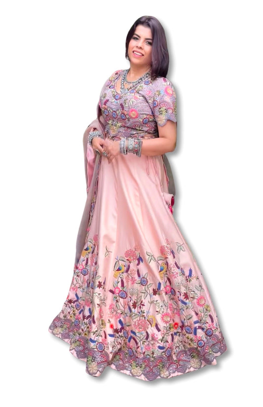 Peach Multicoloured Embroidery Lehnga Choli
