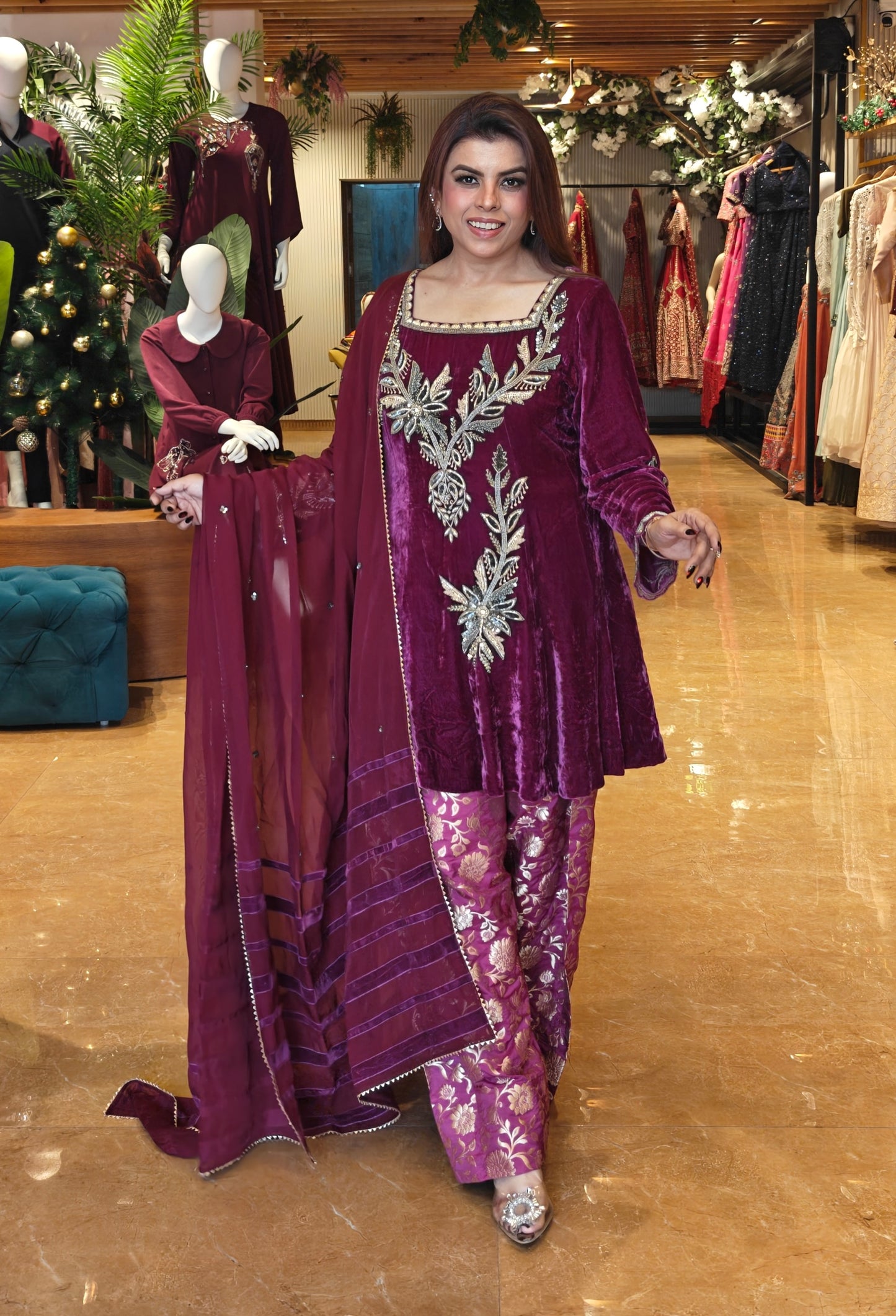 Silk Velvet Short Anarkali With Brocade Farshi - PLUM