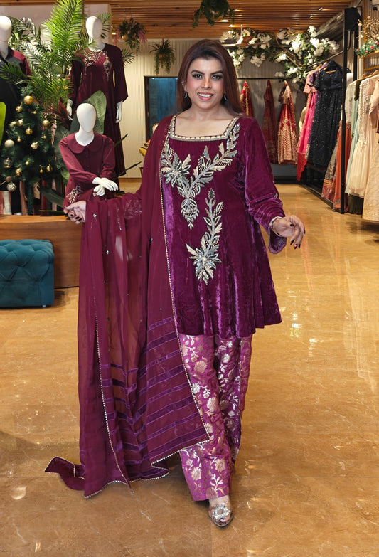 Silk Velvet Short Anarkali With Brocade Farshi - PLUM