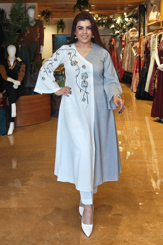 Tulips Striped Kurta Set - WHITE