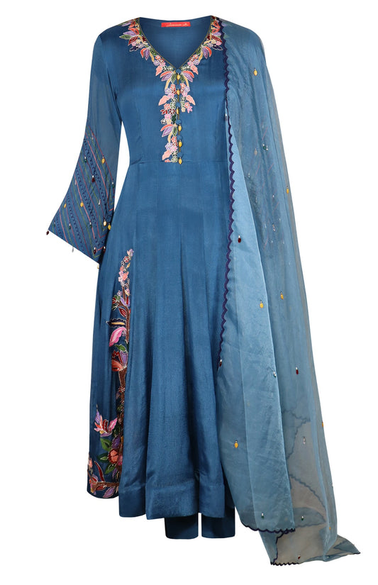 Chiffon Anarkali With Aari Embroidery - INDIGO