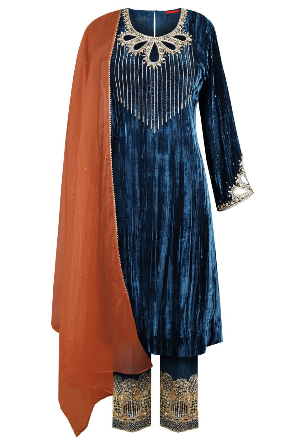 Crinkled Velvet Suit With Cutwork - INDIGO