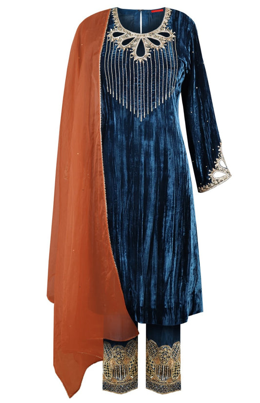 Crinkled Velvet Suit With Cutwork - INDIGO