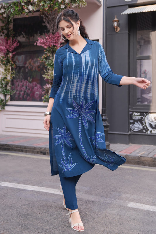 Aari Palms T&D Kurta Set - INDIGO