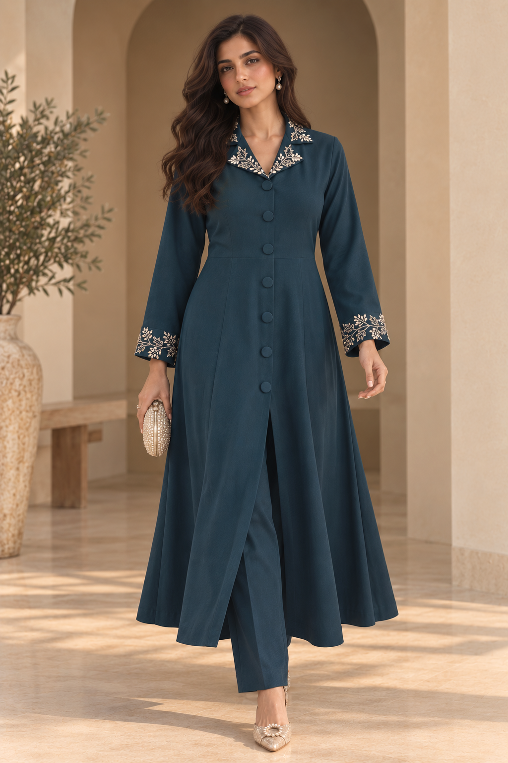 Grape Vine Embroidery Kurta Set With Collar