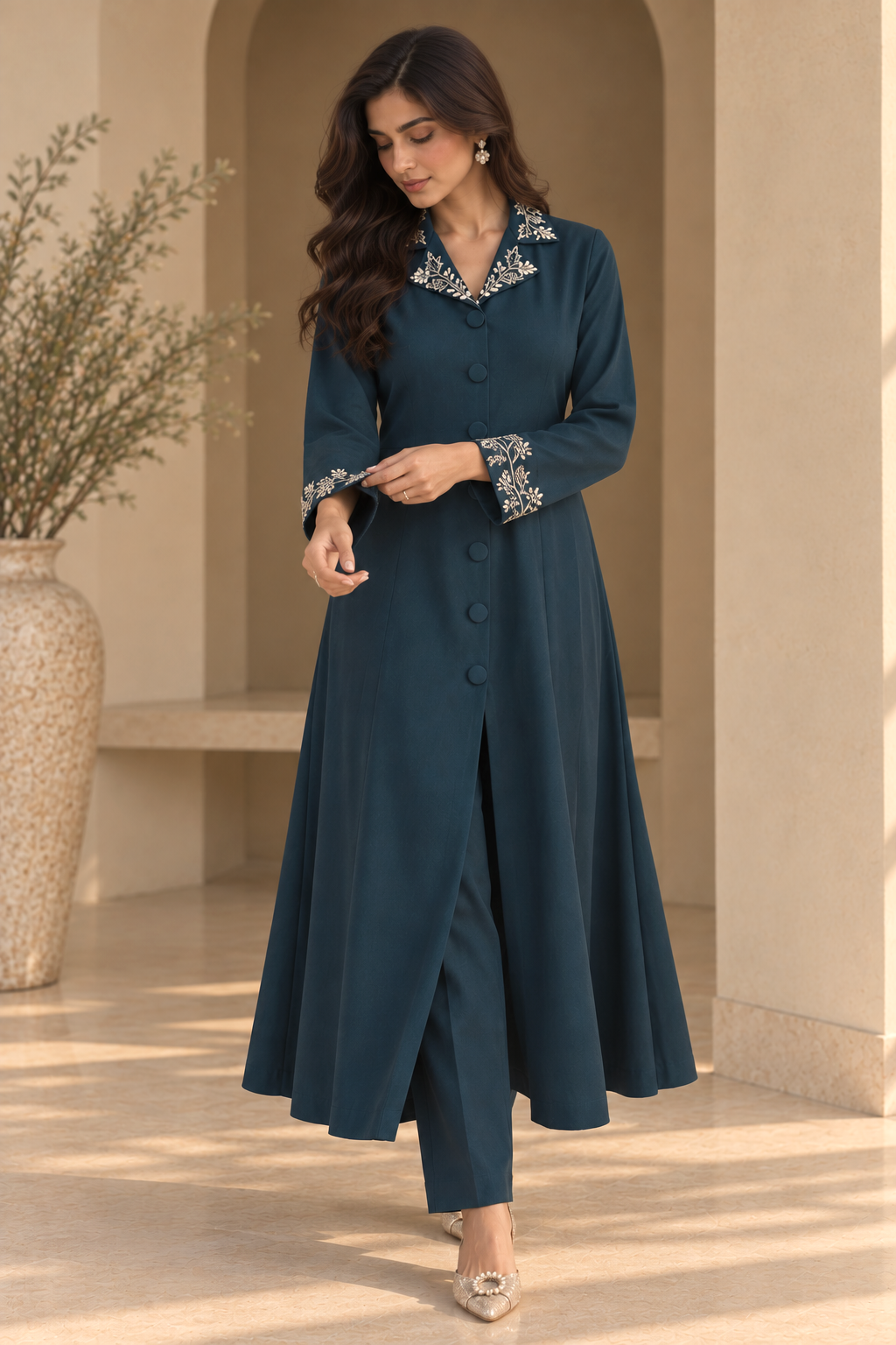 Grape Vine Embroidery Kurta Set With Collar