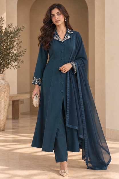 Grape Vine Embroidery Kurta Set With Collar