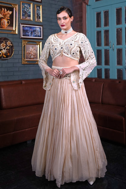 Mirror Work Crop Top With Skirt - IVORY