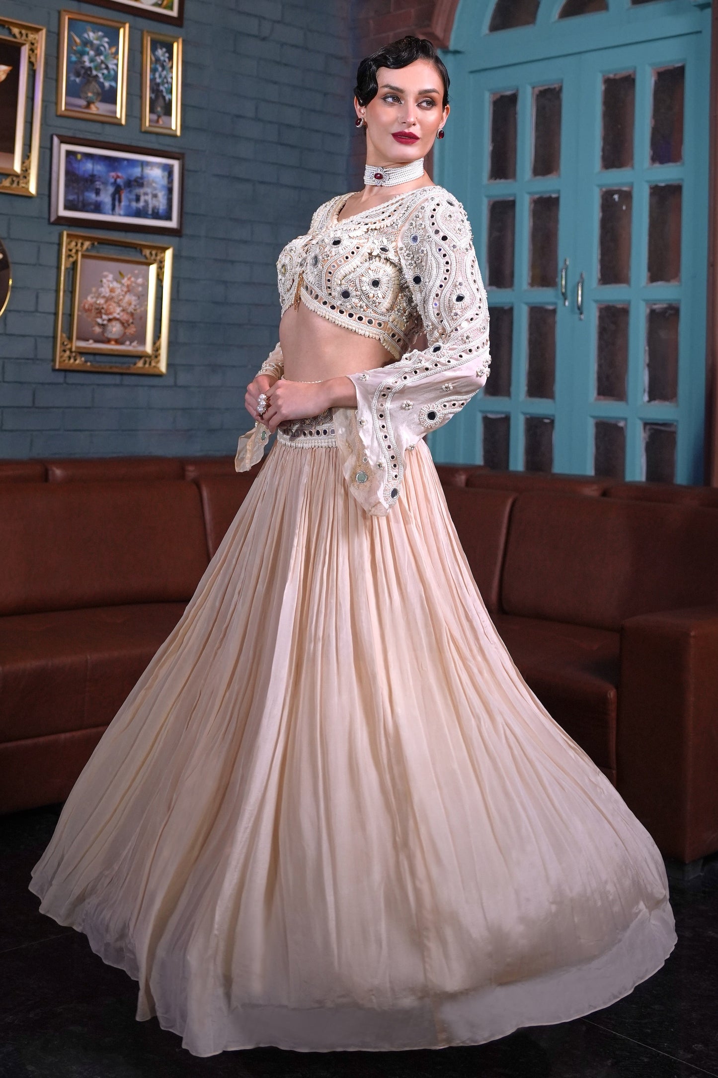 Mirror Work Crop Top With Skirt - IVORY