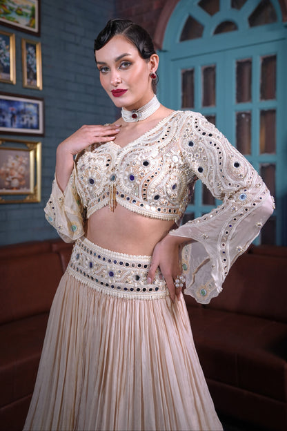 Mirror Work Crop Top With Skirt - IVORY