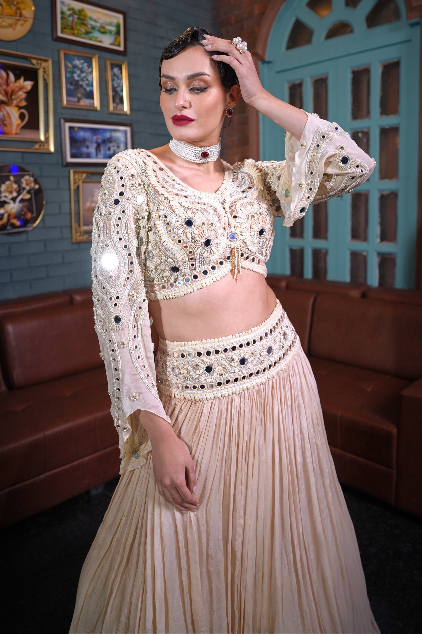 Mirror Work Crop Top With Skirt - IVORY
