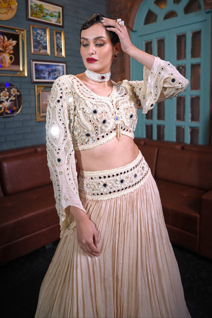 Mirror Work Crop Top With Skirt - IVORY