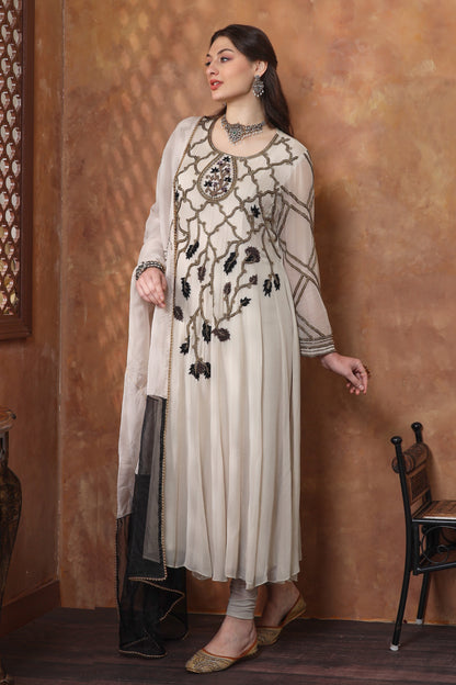 Georgette Anarkali With Pearl Embroidery - IVORY GREY