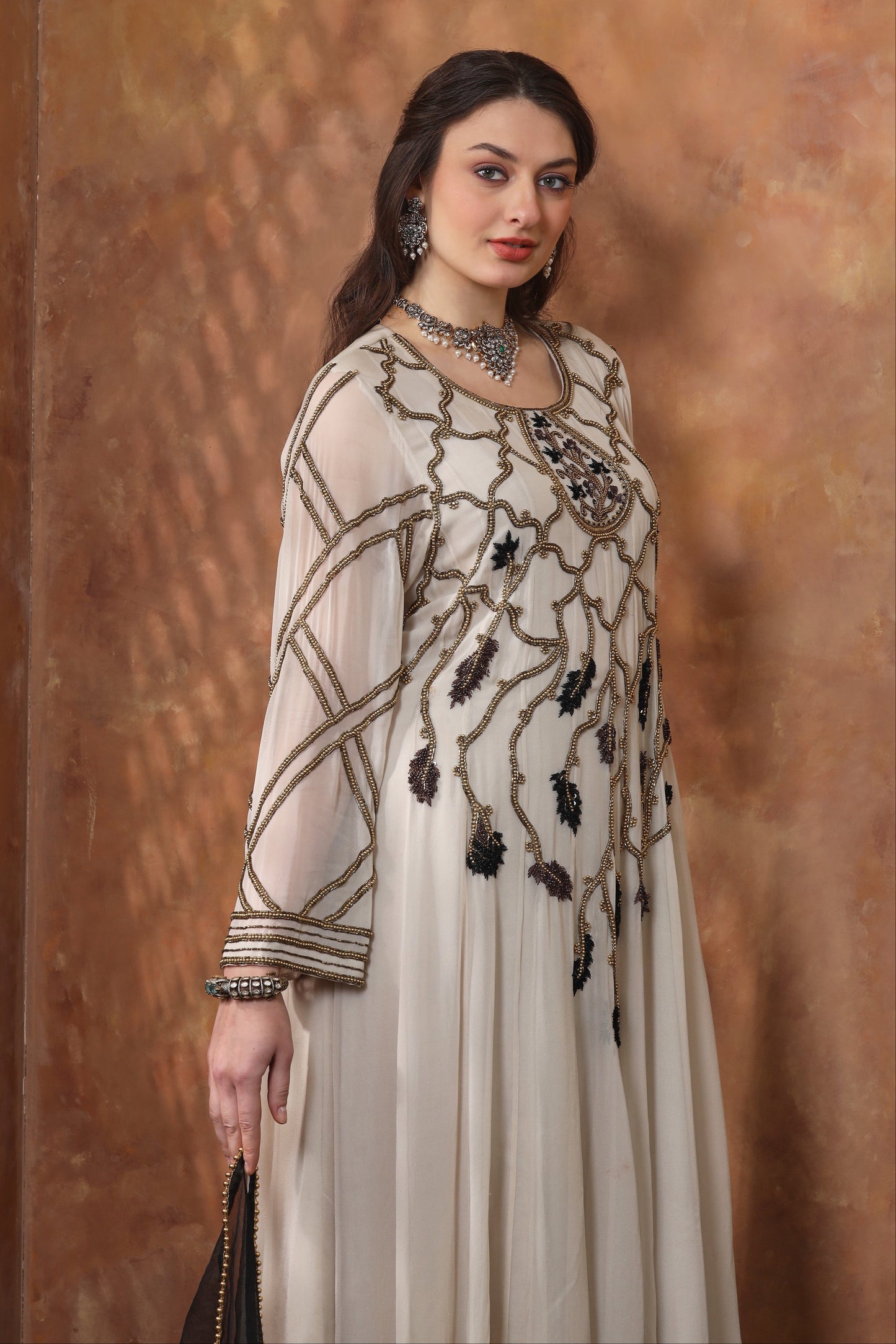 Georgette Anarkali With Pearl Embroidery - IVORY GREY