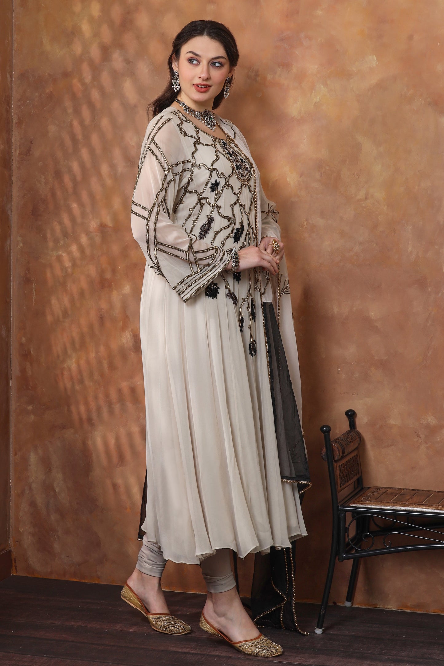 Georgette Anarkali With Pearl Embroidery - IVORY GREY