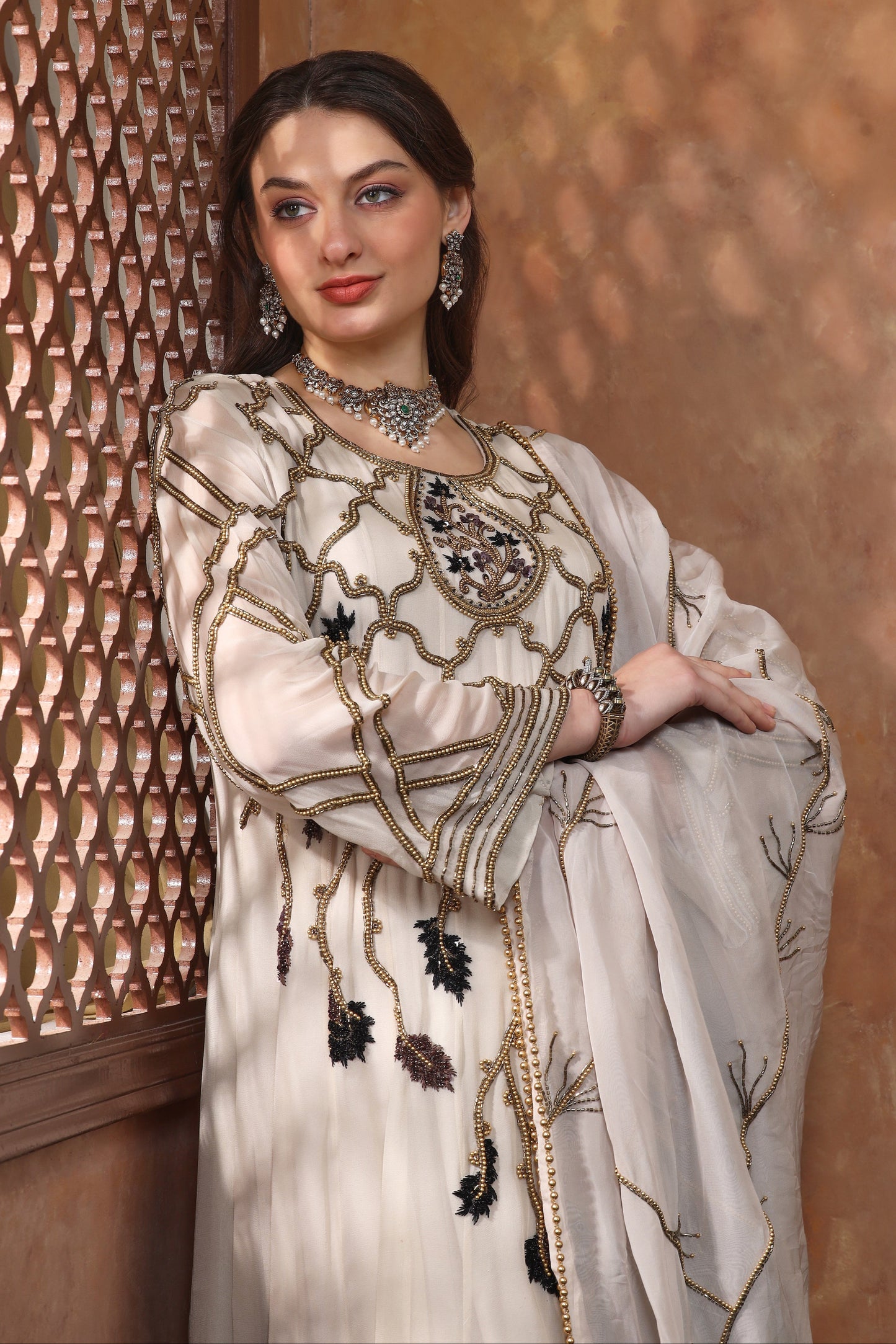 Georgette Anarkali With Pearl Embroidery - IVORY GREY