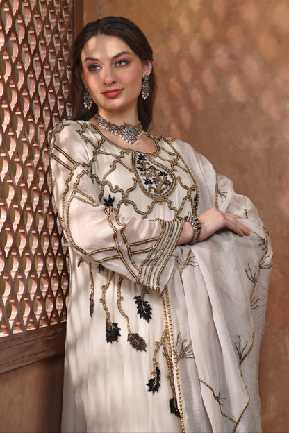 Georgette Anarkali With Pearl Embroidery - IVORY GREY