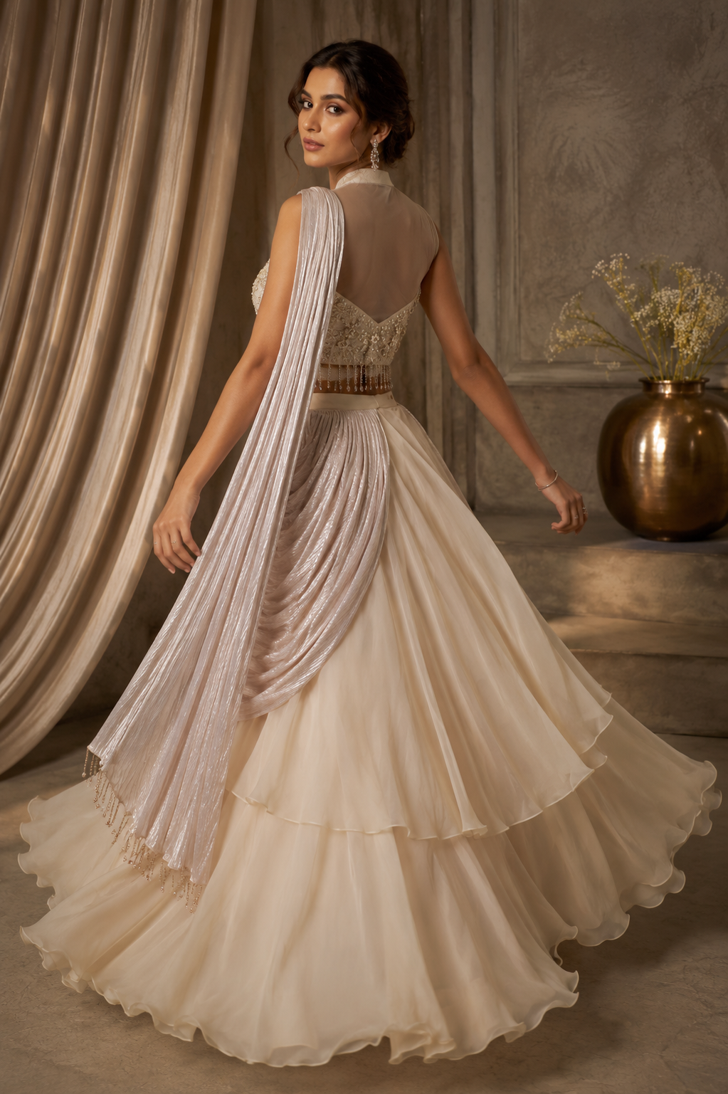 Ivory Metallic Draped Saree