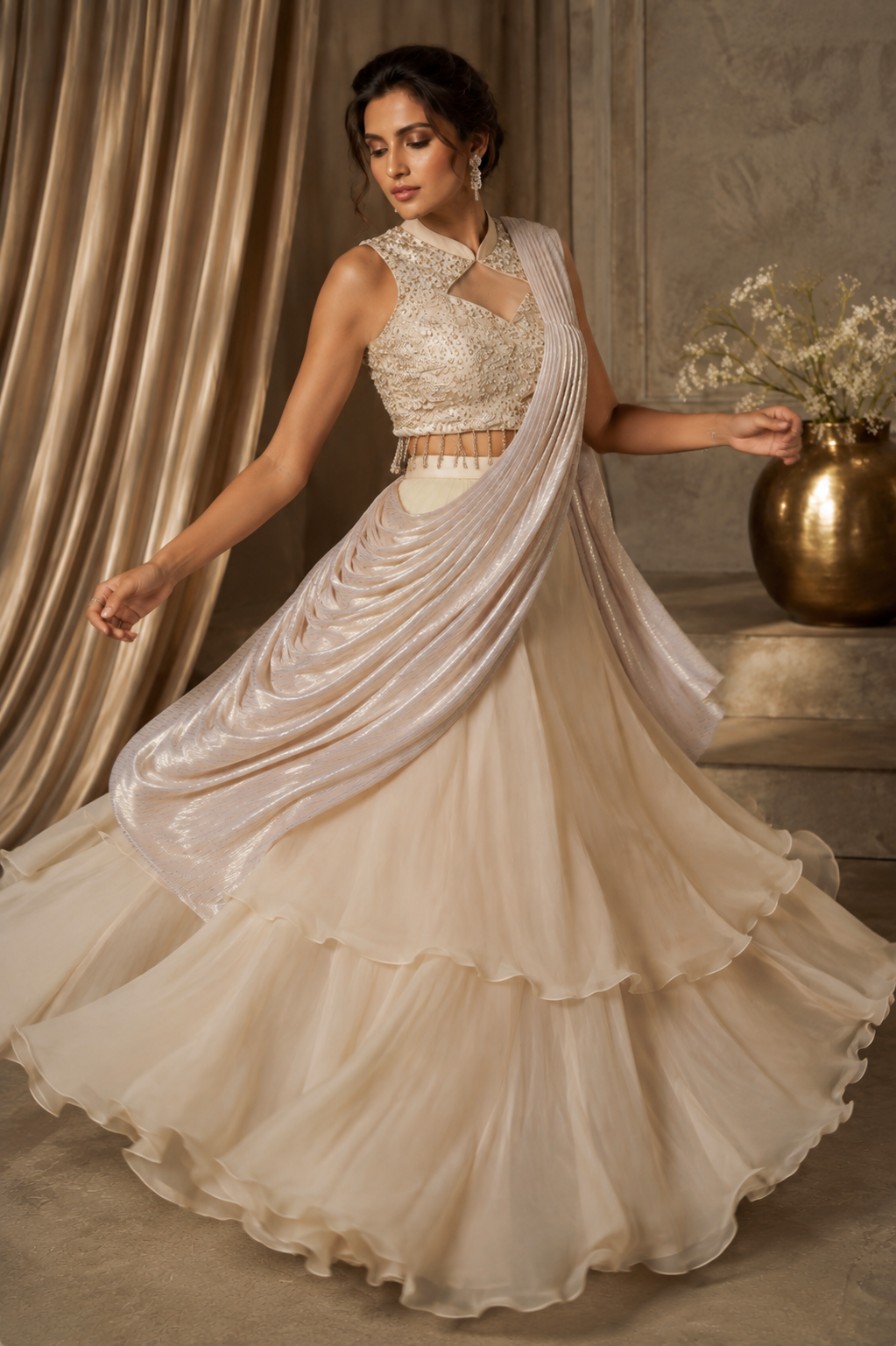 Ivory Metallic Draped Saree